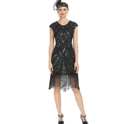 Vintage Flapper Kjoler 1920'erne til Kvinder Krystal Perlebesat Frynsekjole Gt Gatsby Abrikos Abrikos Abrikos Apricot M