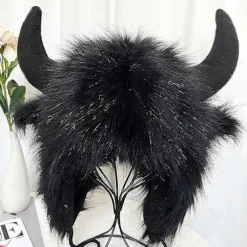 Vinter Sjov Hat Falsk Ko Horn Dekor Lyn Varm Tyk Faux Pels Ørebeskyttelse Personlighed Unisex Vindtæt Fluffy Foto Prop Kvinder Mænd[YJD] Black