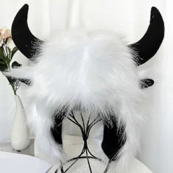 Vinter Sjov Hat Falsk Ko Horn Dekor Lyn Varm Tyk Faux Pels Ørebeskyttelse Personlighed Unisex Vindtæt Fluffy Foto Prop Kvinder Mænd[YJD] Black