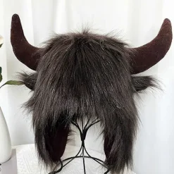 Vinter Sjov Hat Falsk Ko Horn Dekor Lyn Varm Tyk Faux Pels Ørebeskyttelse Personlighed Unisex Vindtæt Fluffy Foto Prop Kvinder Mænd[YJD] Black