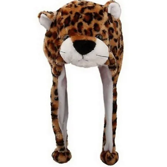 Vintersød plysdyrkarakterhue med pompon-ender lange stropper sjovt plyslegetøj øreklap hue cosplay Leopard Leopard