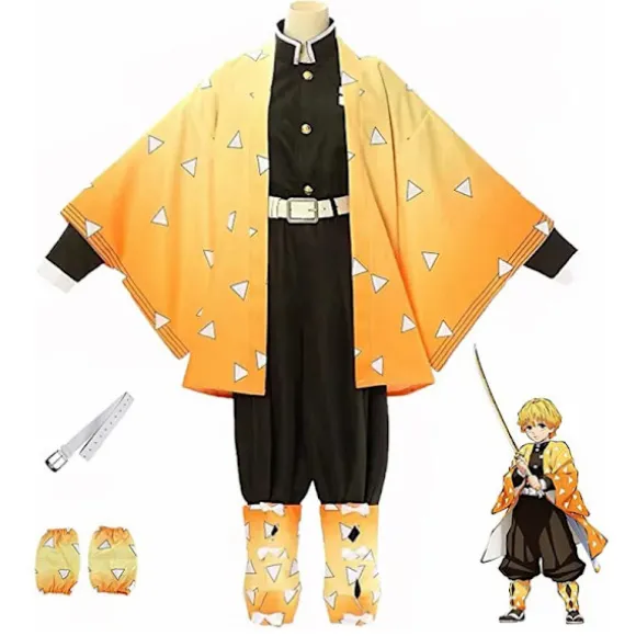Voksen børne anime Demon Slayer Azuma Zenitsu cosplay kostume Halloween kostume kimono anime karakterdragt paryk - Perfet Costume M