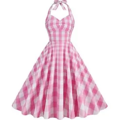 Voksne Kvinders Pink Barbie Cosplay Kostume Prinsesse Fest Karneval Fæstekjole Tartan Kjole (XL)