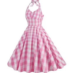 Voksne Kvinders Pink Barbie Cosplay Kostume Prinsesse Fest Karneval Fæstekjole Tartan Kjole (XL)