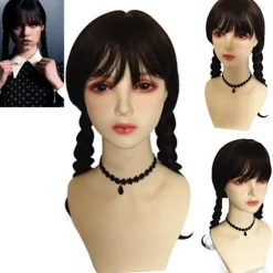 Wednesday Addams Family Paryk Cosplay Lange Sorte Fletninger Hårtilbehør, CJY