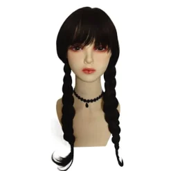 Wednesday Addams Family Paryk Cosplay Lange Sorte Fletninger Hårtilbehør, CJY