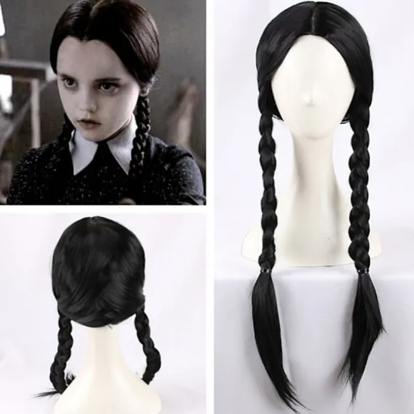 Wednesday Addams Paryk med Paryknet - Sort Paryk til Wednesday Kostume