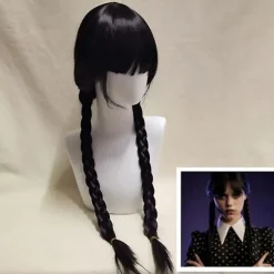 Wednesday Addams Paryk med Paryknet - Sort Paryk til Wednesday Kostume - Lang Sort Flettet Paryk - Flettede Parykker til Addams Fest