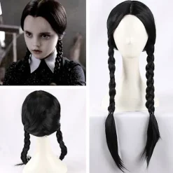 Wednesday Addams Paryk med Parykhætte Sorte Parykker til Wednesday Kostume Lang Sort Flettet Paryk Fletninger Parykker til Addams Fest