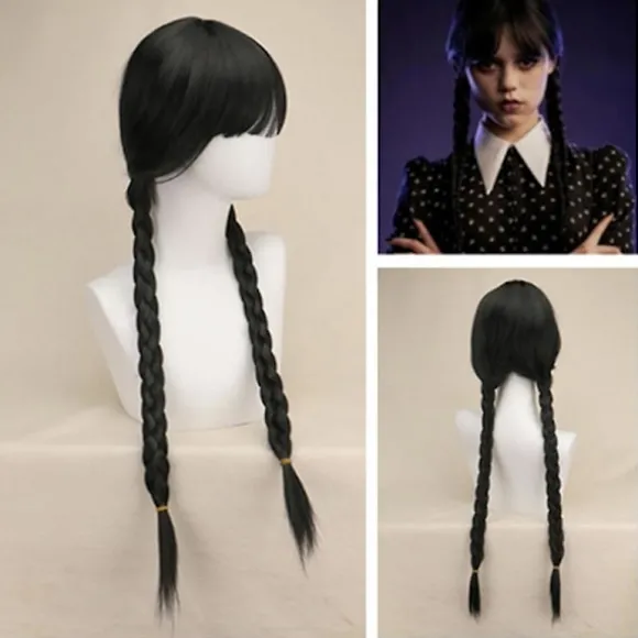Wednesday Addams Paryk med Parykhætte Sorte Parykker til Wednesday Kostume Lang Sort Flettet Paryk Fletninger Parykker til Addams Fest