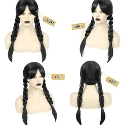 Wednesday Addams paryk til børn og kvinder, Addams sort lang flettet{ee}
