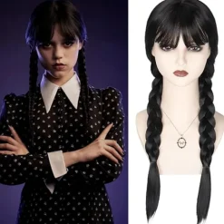 Wednesday Addams Paryk til Børn Kvinder, Addams Sort Lang Fletning