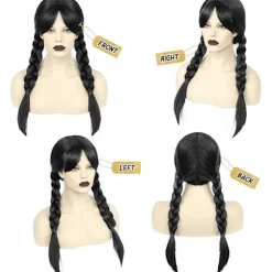 Wednesday Addams Paryk til Børn Kvinder, Addams Sort Lang Fletning