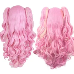 Wekity Multicolor Lolita Langt Krøllet Hestehale Cosplay Paryk, Pink + Guld