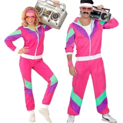 Widmann - Kostume Træningsbukser Pink 80'er Outfit Joggingdragt Karnevalskostume, Flerfarvet