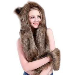 Wolf Faux Fur Party Animal Hat Scarf Handsker Mittens Til Kvinder Mænd 3-i-1 Flush Furry Hoodie Kostume Hatte Blød Varmt Cap Øre Flap Beanie(a)