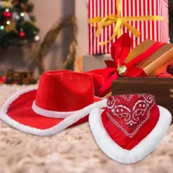 4x Jule Cowboy Hat Jule Cowgirl Hat Stor Skygge Kasket med Tørklæde Julemandshat til