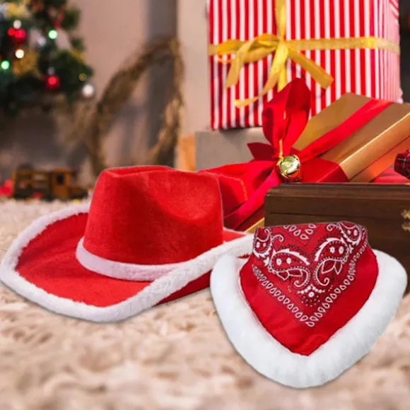4x Jule Cowboy Hat Jule Cowgirl Hat Stor Skygge Kasket med Tørklæde Julemandshat til