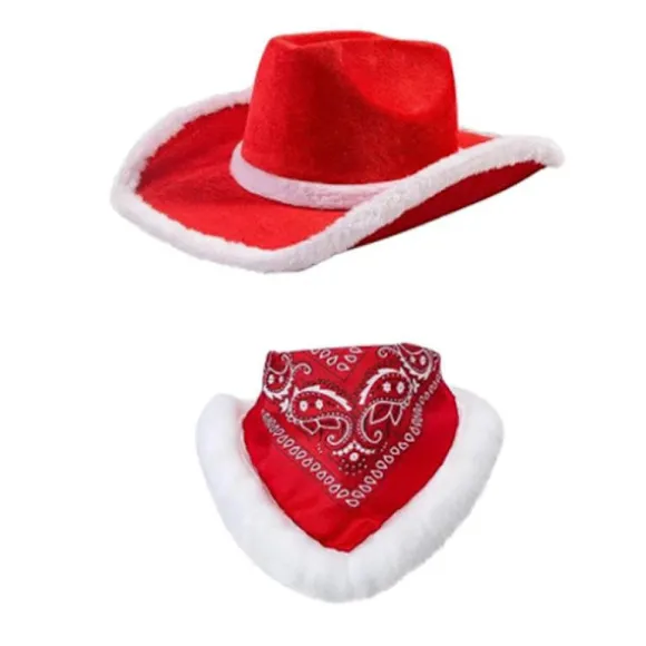 4x Jule Cowboy Hat Jule Cowgirl Hat Stor Skygge Kasket med Tørklæde Julemandshat til